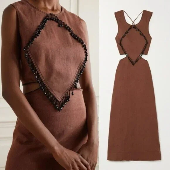 Ganni Bead Embellished Hemp Cut Out Root Beer Brown Midi Dress Size L - Picture 2 of 15